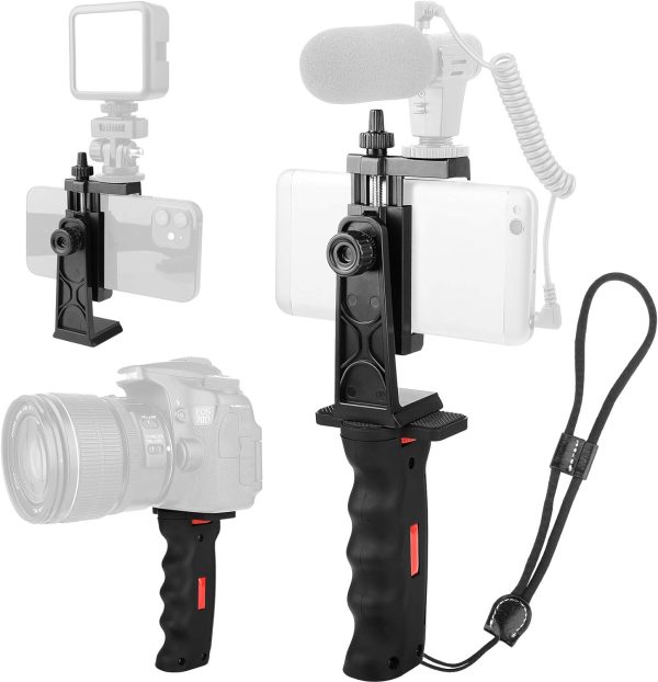 Phone Vlogging Holder,Cell Phone Camera Handle Grip Stabilizer,Ergonomic Phone Video Stabilizer,Handheld Selfie Stick Smartphone Holder with Cold Shoe Mount for Mic/Flash Light,with Wrist Strap