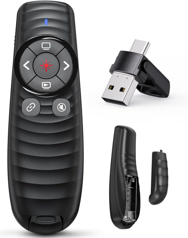Presentation Clicker, 2-in-1 USB/Type C Wireless Presenter Clicker for PowerPoint, PPT Remote Control Red Laser Pointer, Slide Show Advancer RF2.4GHz for Mac, Linux, PC/Laptop, Office, Classroom