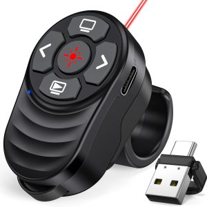 Rechargeable 2-in-1 USB Type C Wireless Presentation Clicker, Finger Ring Presentations Powerpoint Clicker with Light Pointer and Volume Control,Wireless Presenter Remote for MAC Computer Laptop