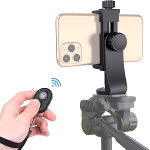 Universal Phone Tripod Mount Adapter with Ｗireless Camera Remote, Cell Phone Holder with Adjustable Clamp for Selfie Stick Monopod Compatible with iPhone, Samsung and so on, Wrist Strap Included